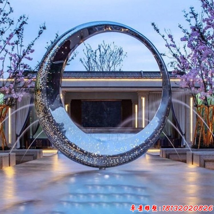 酒店鏡面不銹鋼抽象圓環(huán)水景雕塑